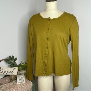FLAX Green Button Down Lagenlook Cotton Long Sleeve Top Small Petite